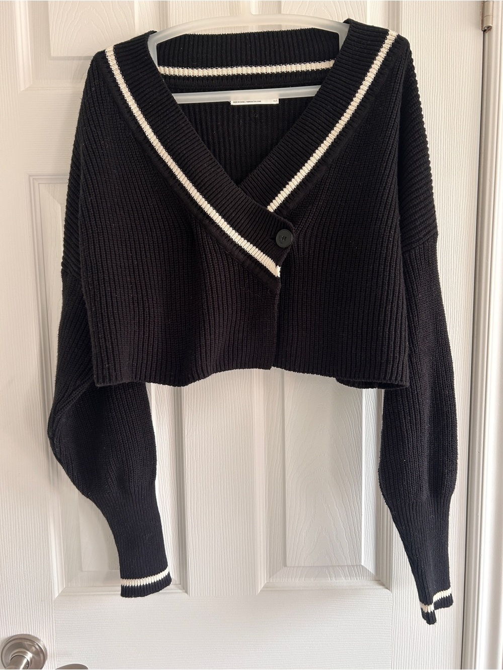 Black Cropped V-Neck Sweater with White Trim - Women's